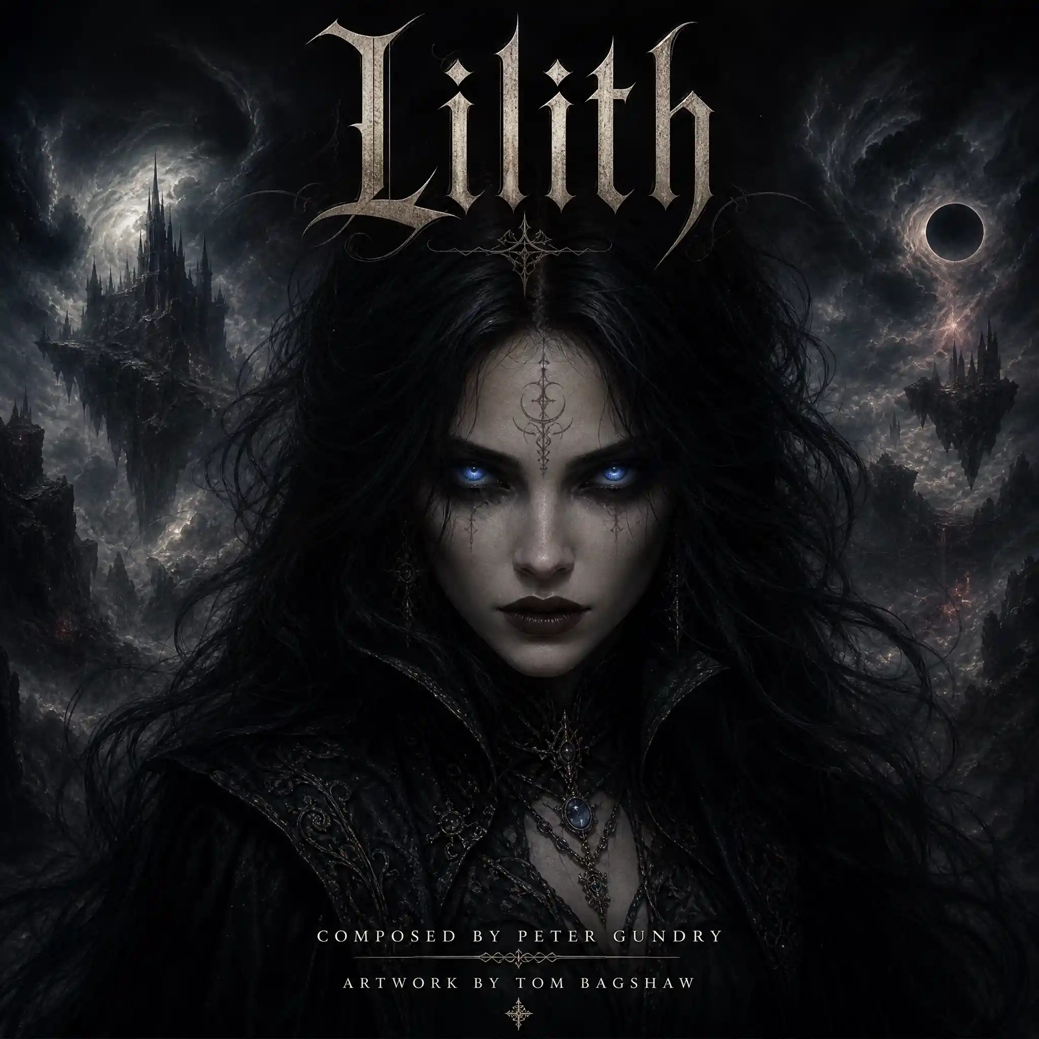 Gothic portrait of an ethereal woman with glowing blue eyes