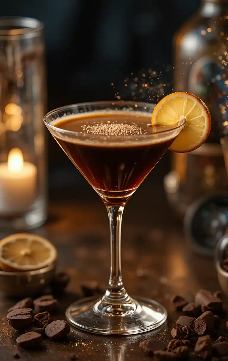 Tiny espresso martini sparkling with playful night magic