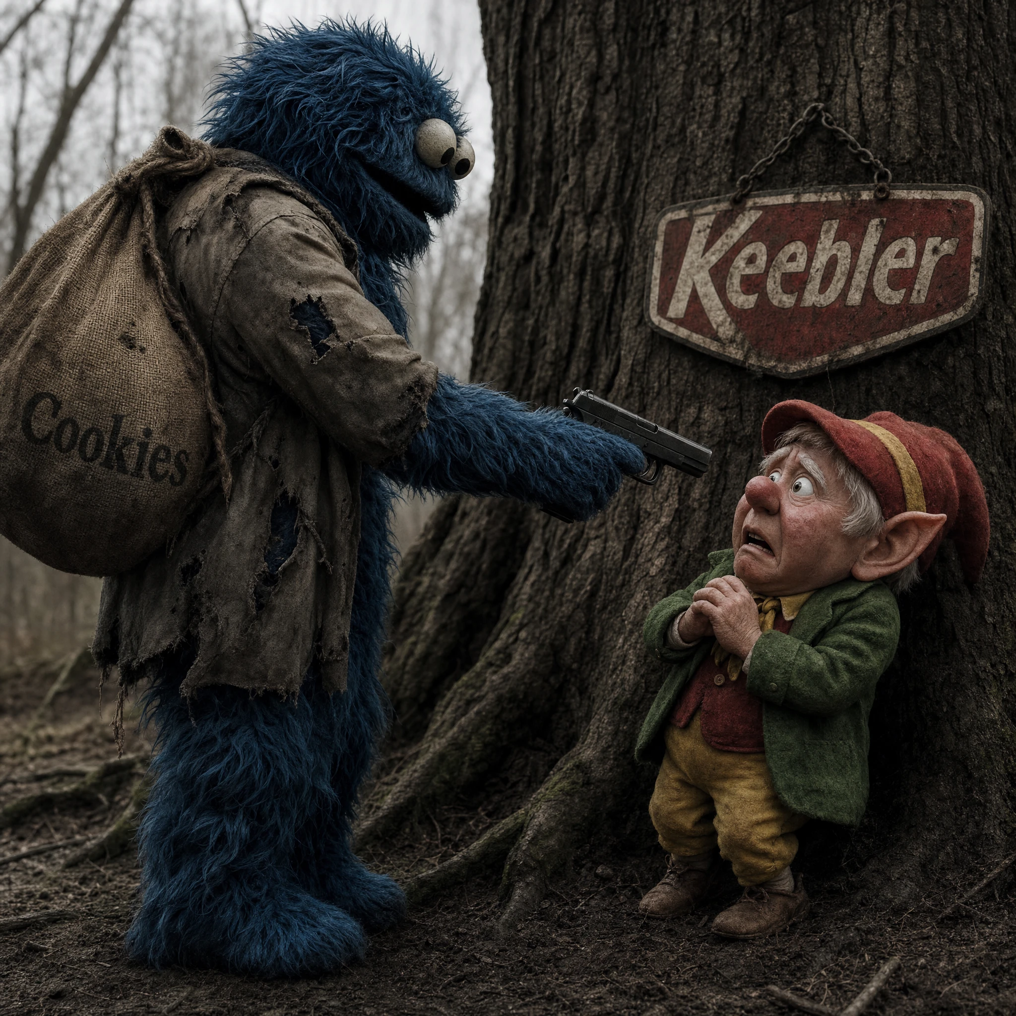 Blue monster threatening terrified elf under a large tree