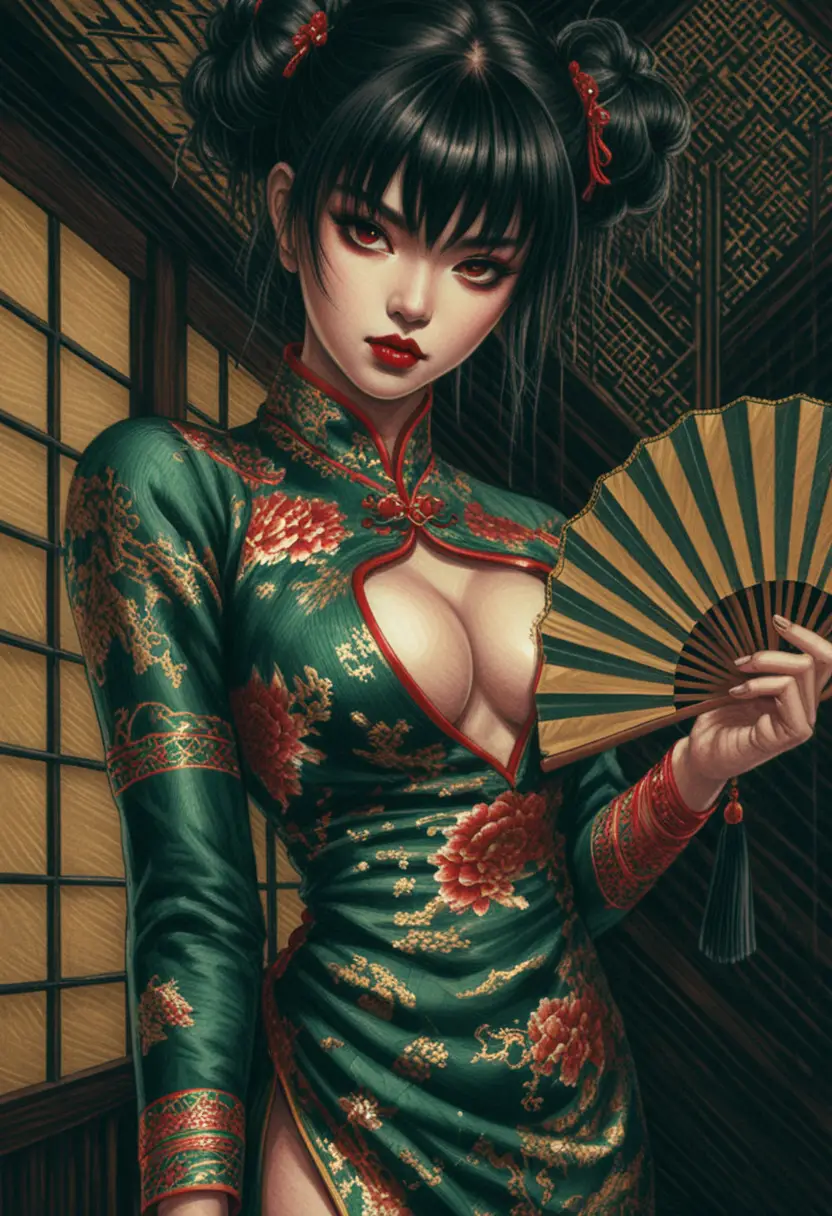 Dark haired woman in emerald cheongsam with folding fan