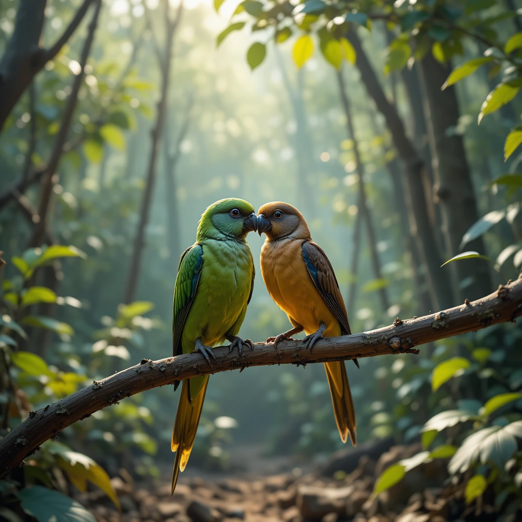 Sad birds on a dry branch in a silent green forest
