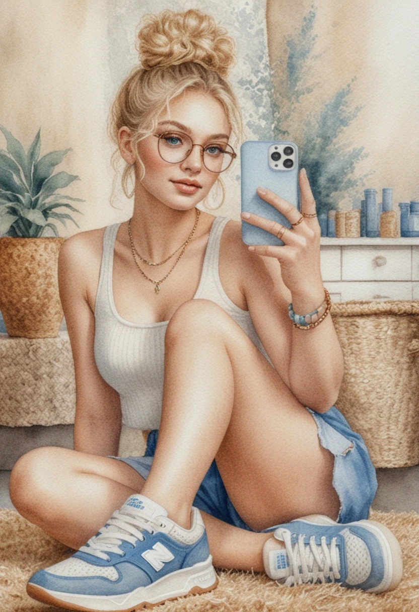 Young woman taking a mirror selfie on a fluffy rug
