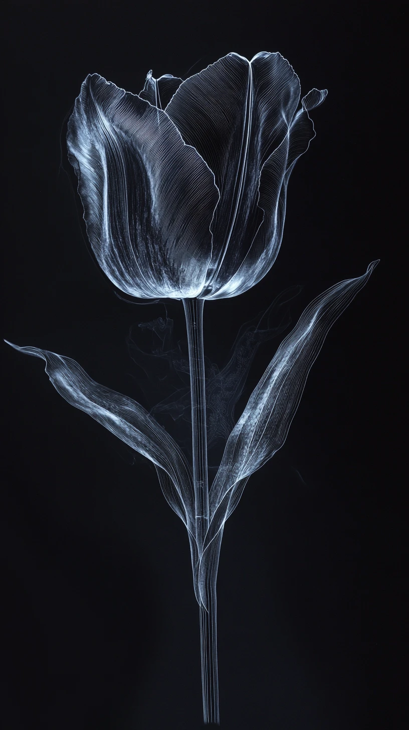 Black tulip emerging from darkness in abstract space
