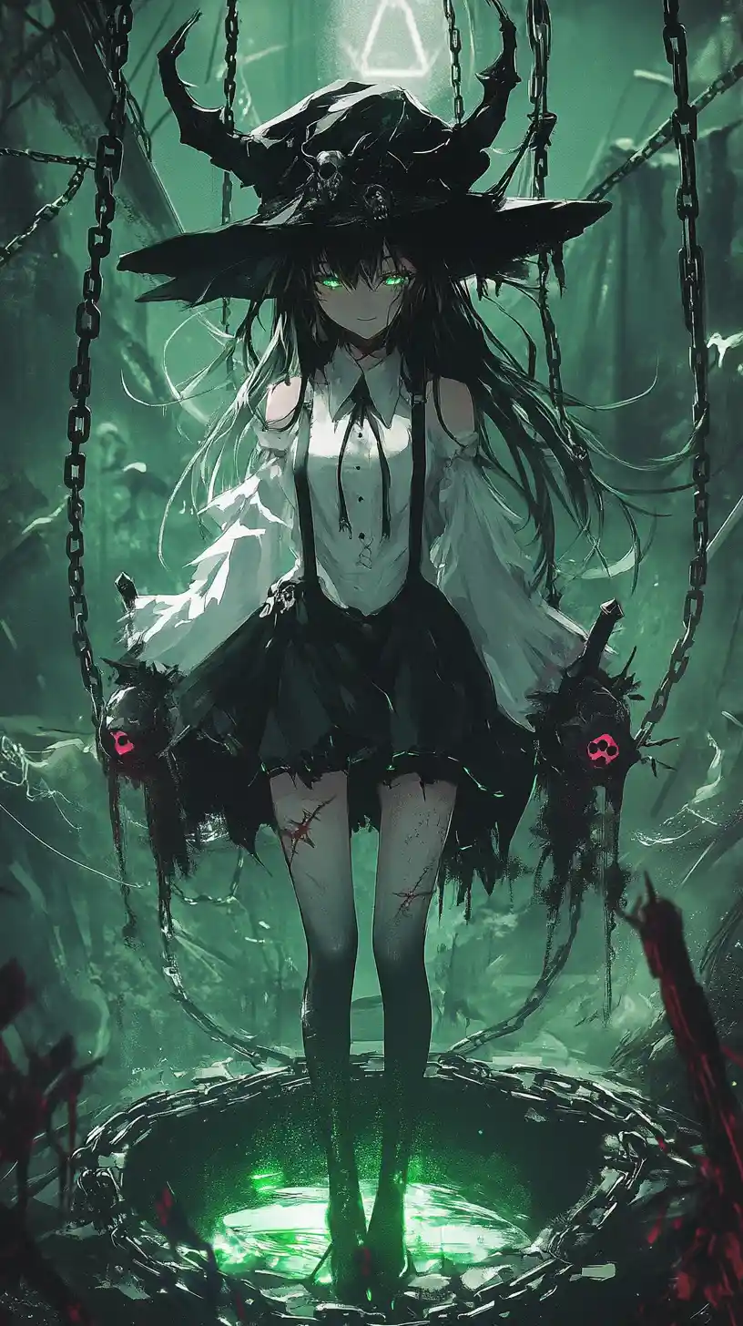 Anime witch girl with skull necklace and ruffled skirt