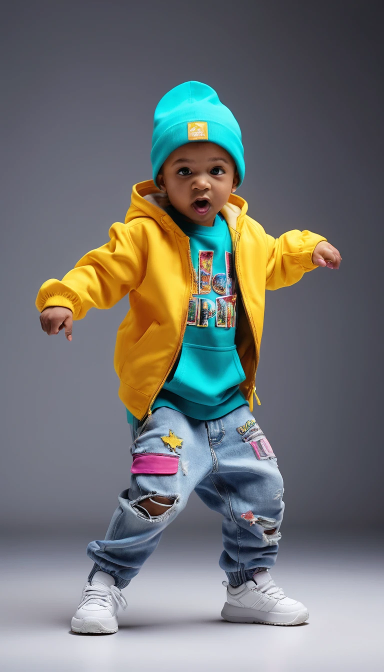 Colorful baby hip hop dancer in dynamic full body pose