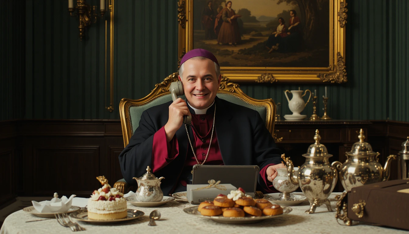 Cheerful cleric on rotary phone at ornate dining table