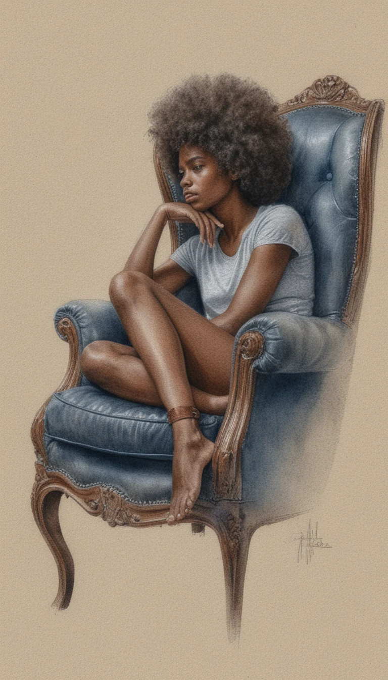 Young woman reclining thoughtfully in an antique leather armchair