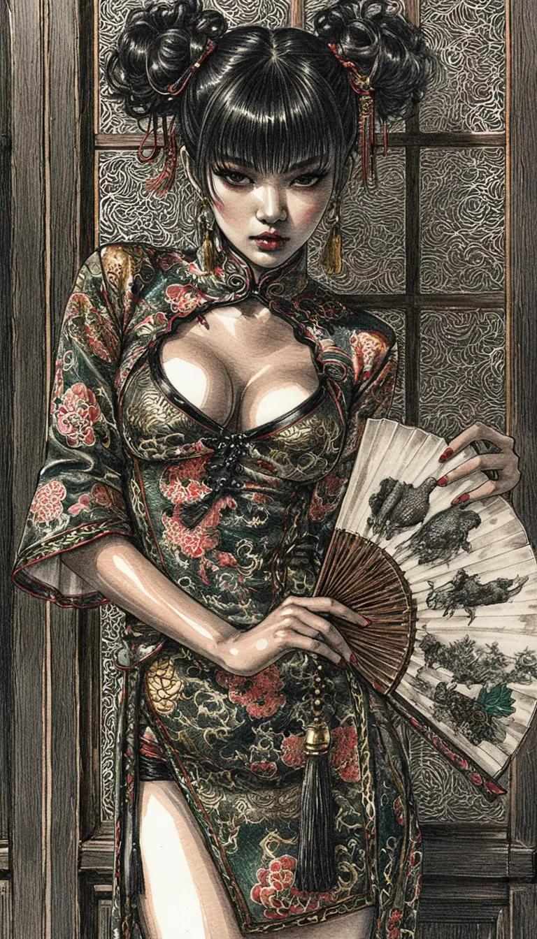 Dark haired woman in emerald cheongsam with fan