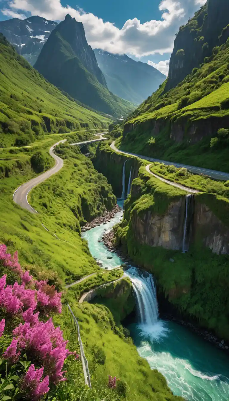 Blumengesäumte Bergstraße über einem Smaragdtal-Wasserfall