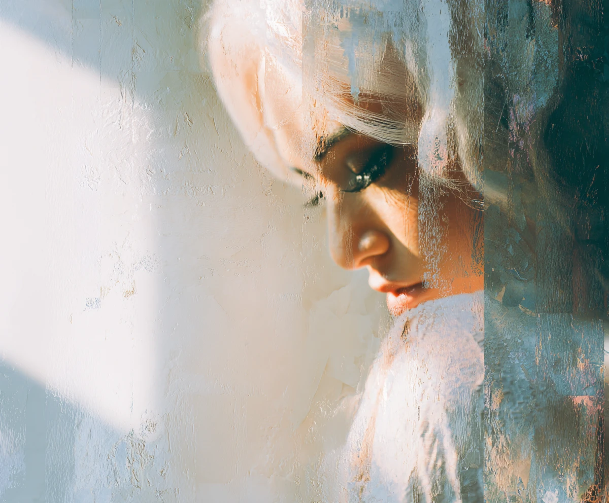 Surreal angelic woman resting in fractured pastel shade