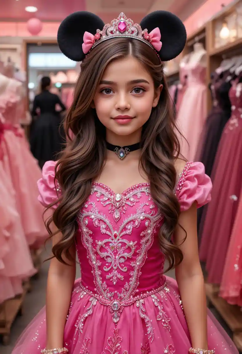 Young girl in pink Minnie gown at dress shop
