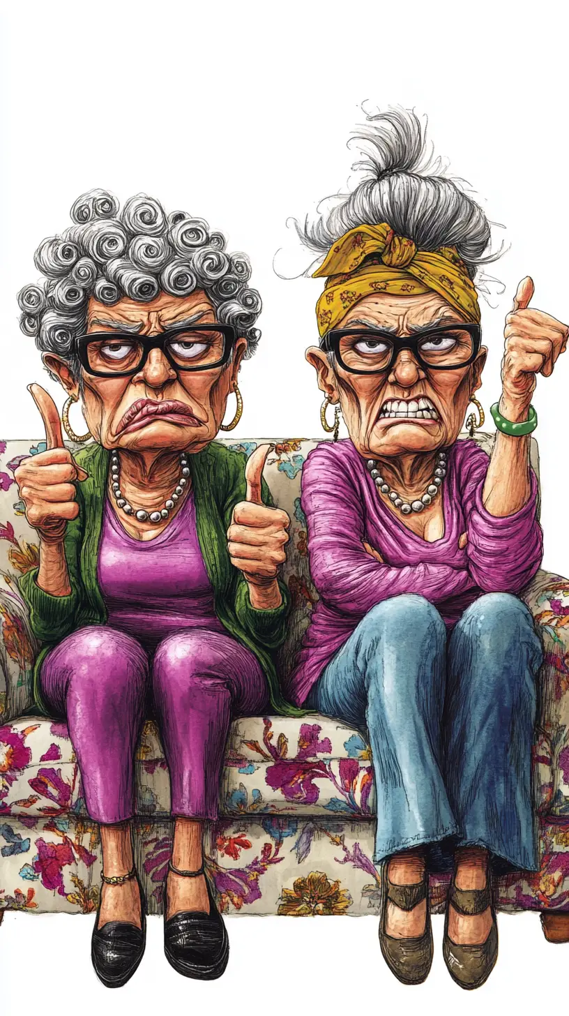 Two grumpy old ladies flipping the bird on floral couch