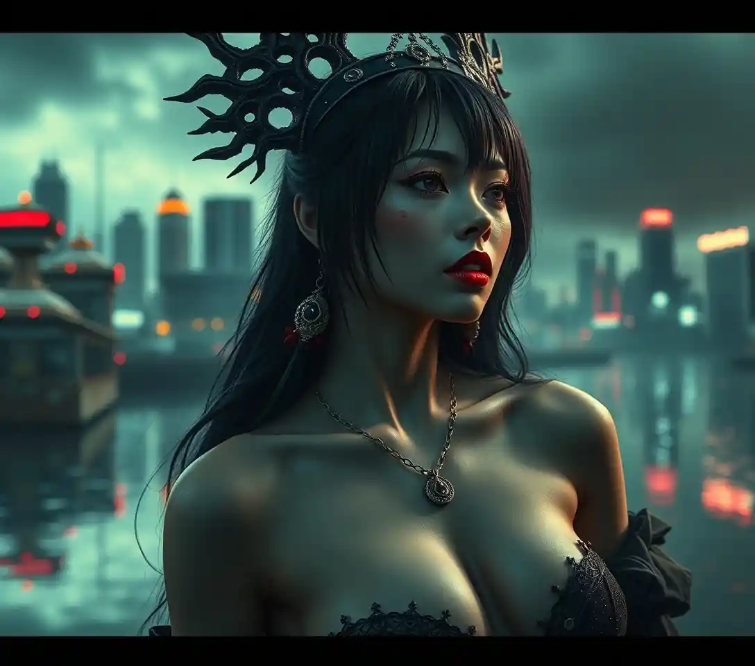 Gothic Dark City Queen Standing In Calm Storm Aftermath