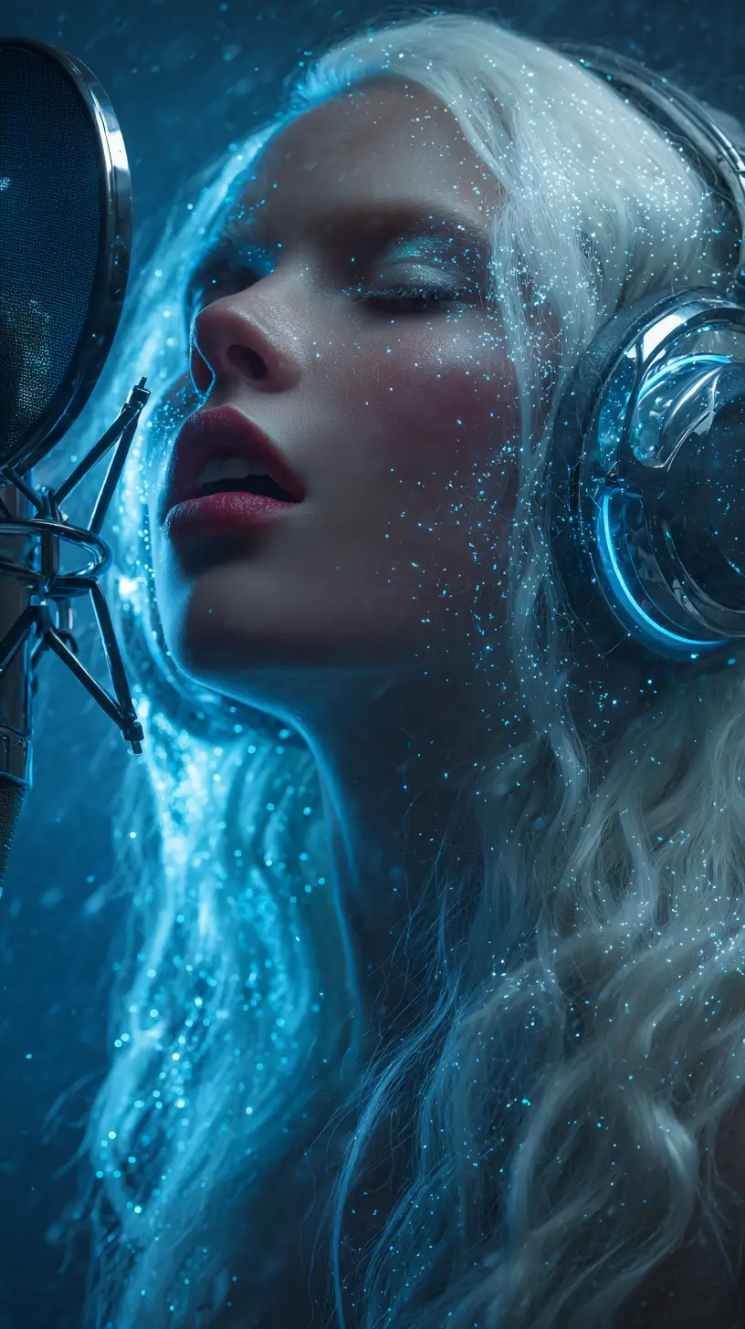 Cinematic portrait of a singer with platinum hair and headphones