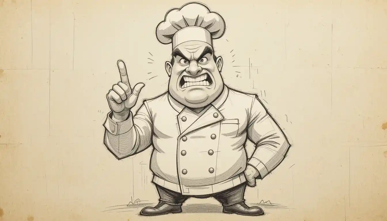 Angry cartoon chef pointing with knife in sketch style