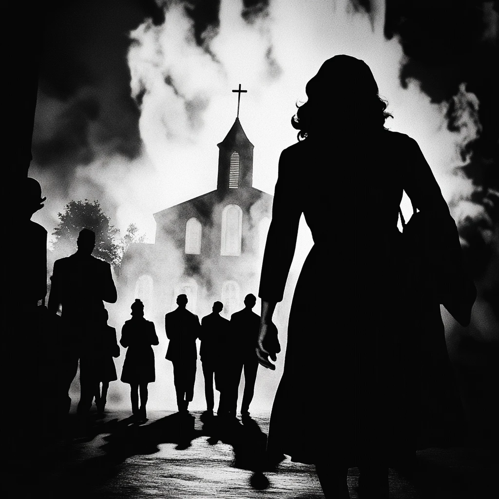 Terrifying devil girl leading a crowd away from faith