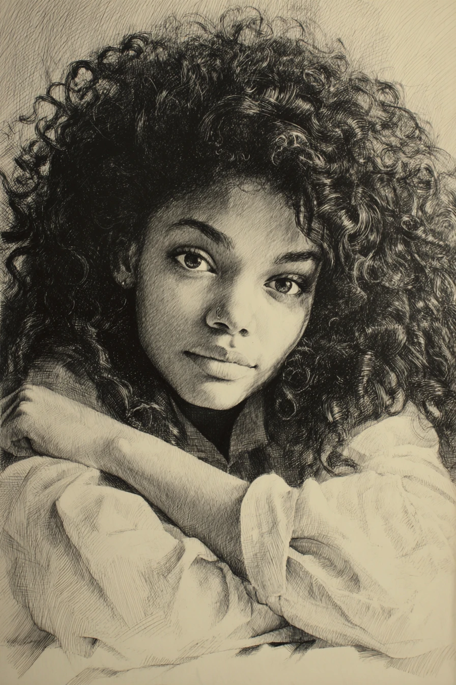 Charcoal pencil portrait of a girl resting on her arms
