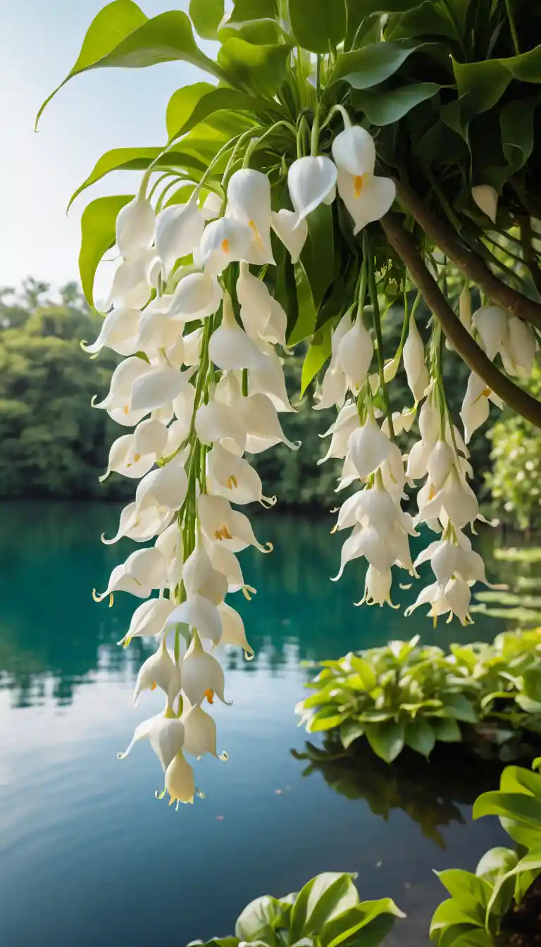 Albero in fiore con calle bianche accanto a un lago tranquillo