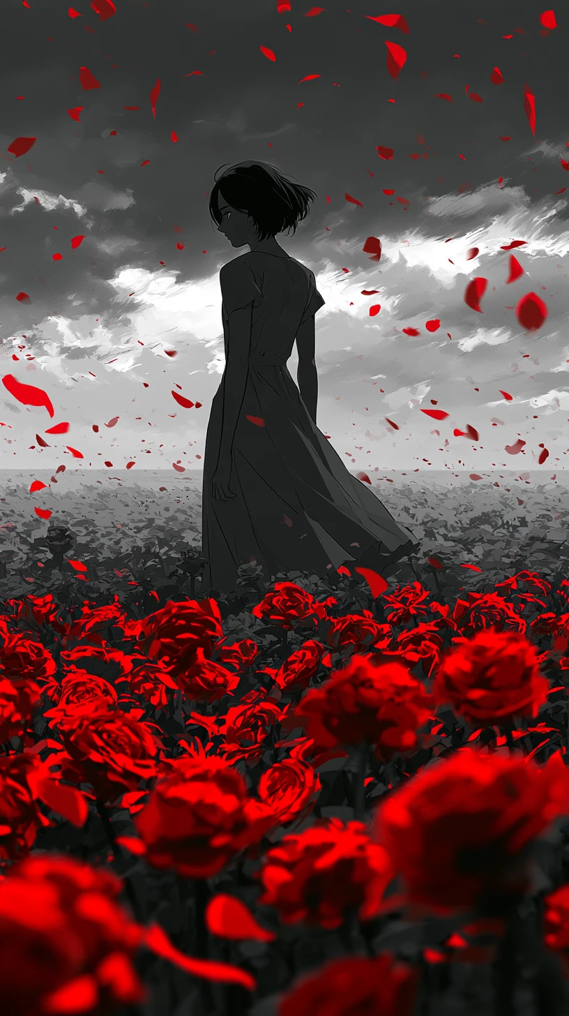 Chica con vestido de pie en un campo de rosas bajo un cielo oscuro