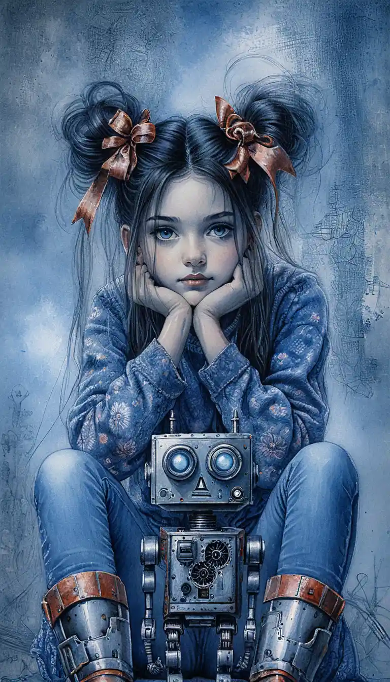 Girl with vintage robot in tender storybook scene
