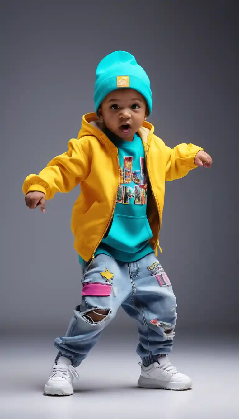 Colorful baby hip hop dancer in dynamic full body pose