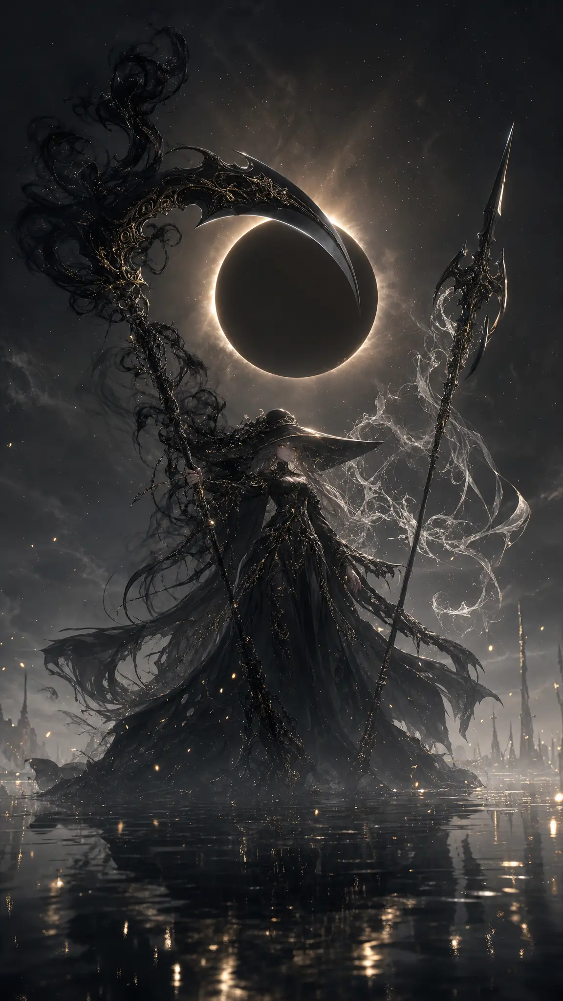 Young maiden beneath an eclipse holding twin dark weapons