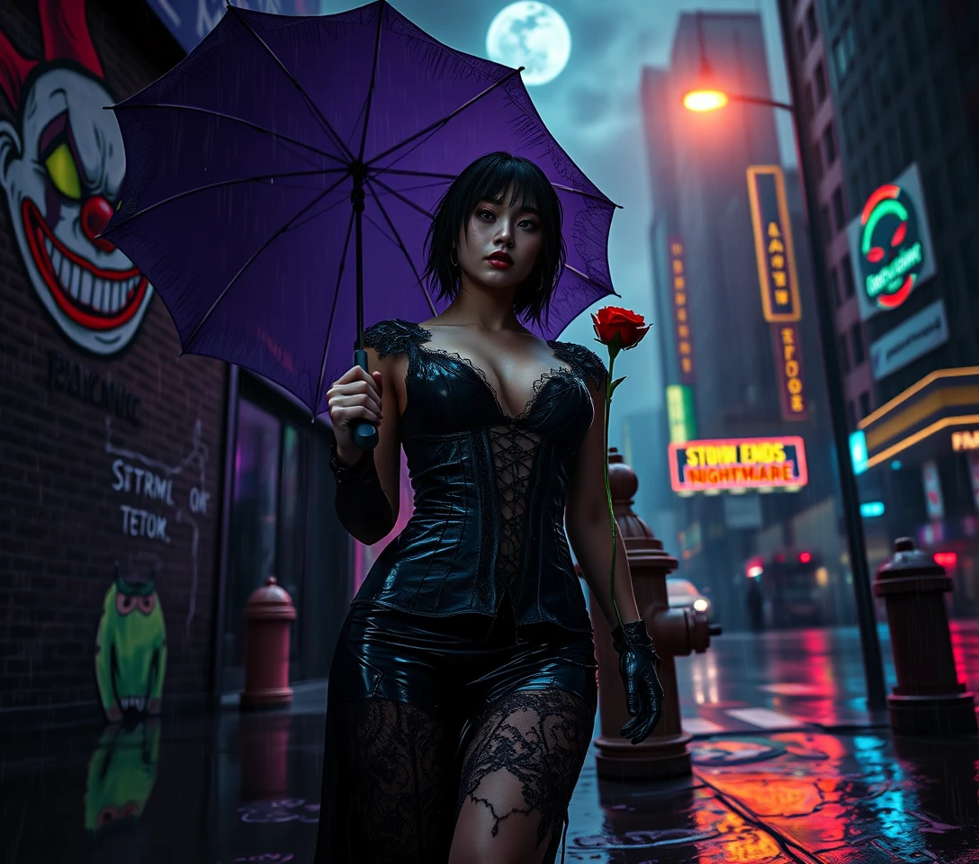 Gothic woman in neon city rain with shattered umbrella