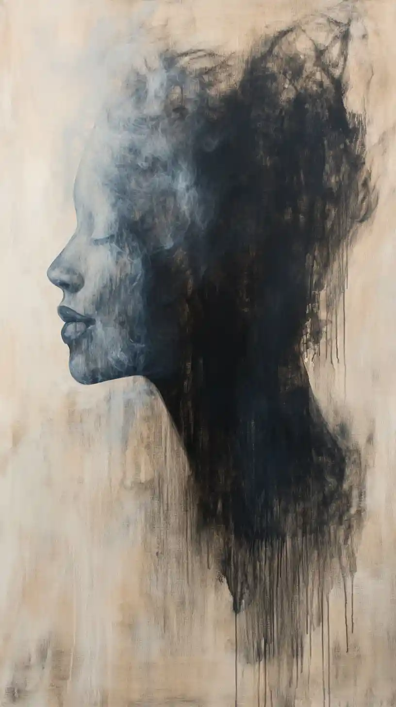 Abstract painting with smoky textures and dissolving human profile