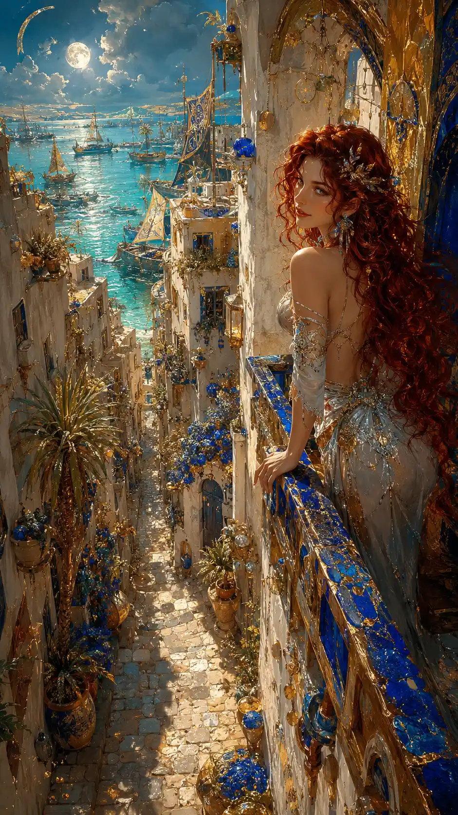 Fantasy woman on balcony above surreal cobblestone alley