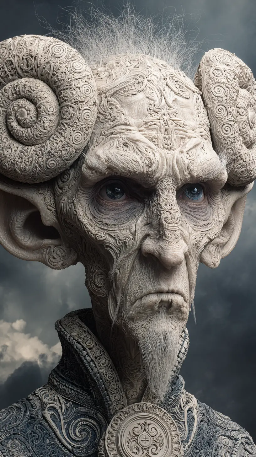 Surreal gothic portrait of a sorrowful engraved humanoid bust