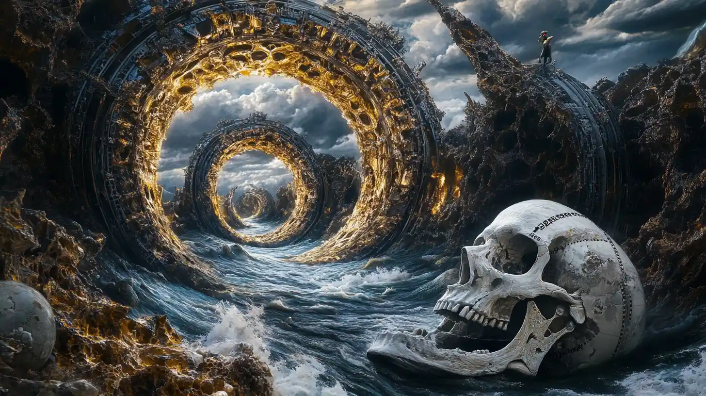 Barca esquelética surreal en un río espiral de relojes