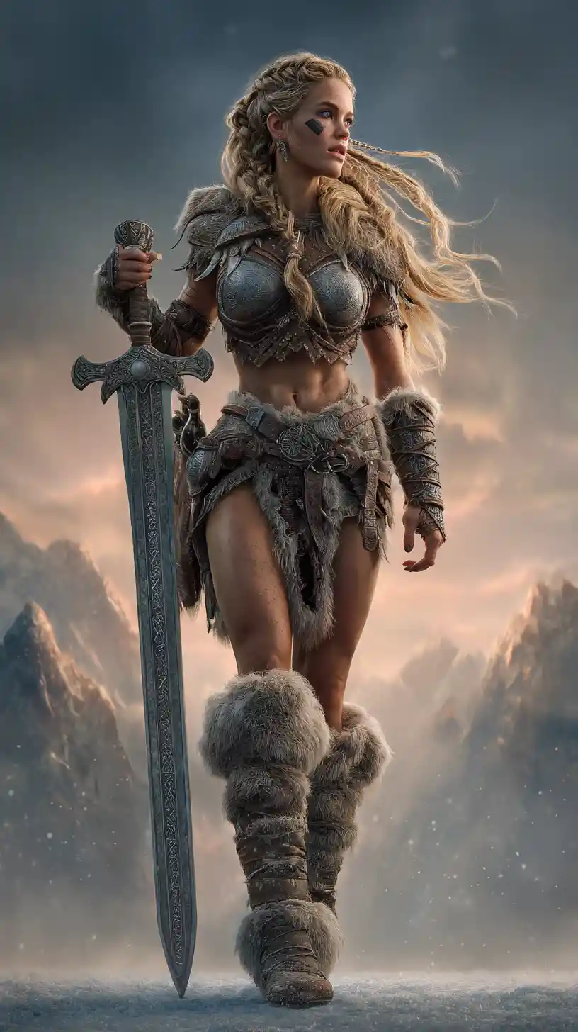 Viking warrior woman in fjord sunset battle stance