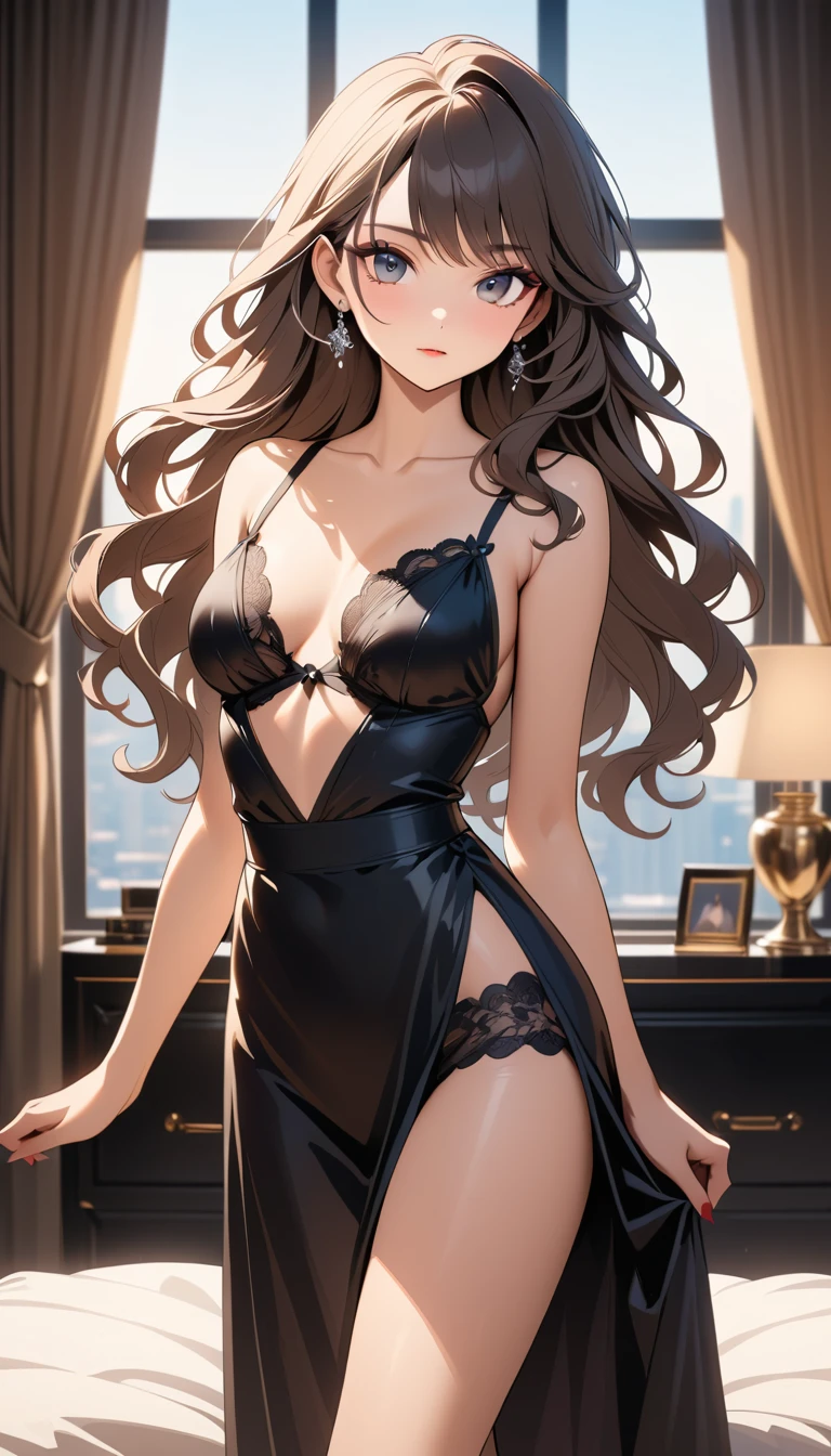 Elegant woman in black lingerie in luxury bedroom