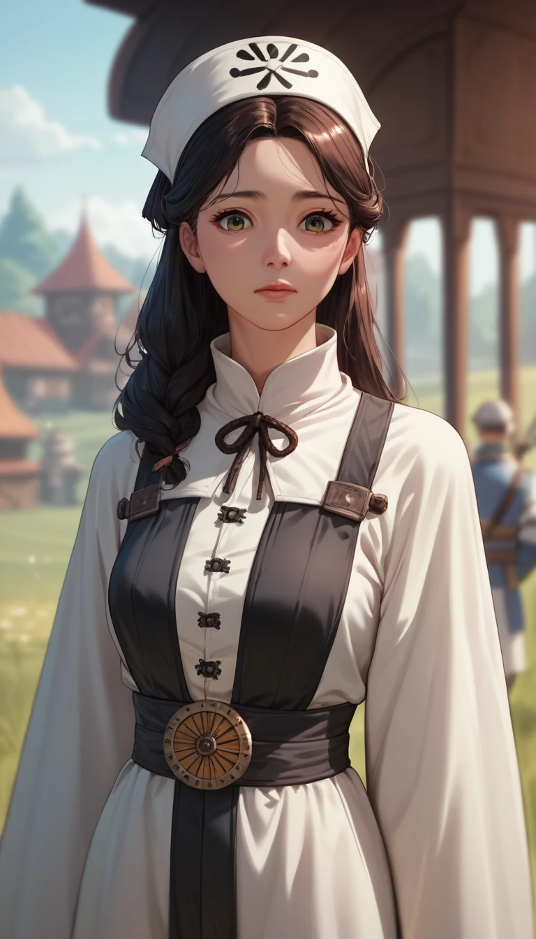 Anime warrior woman in black sling outfit in fantasy city