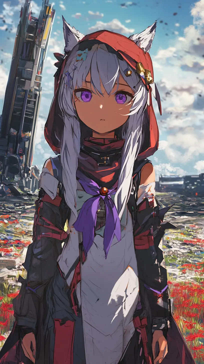 Anime girl at steel hangar on deserted sunset airfield