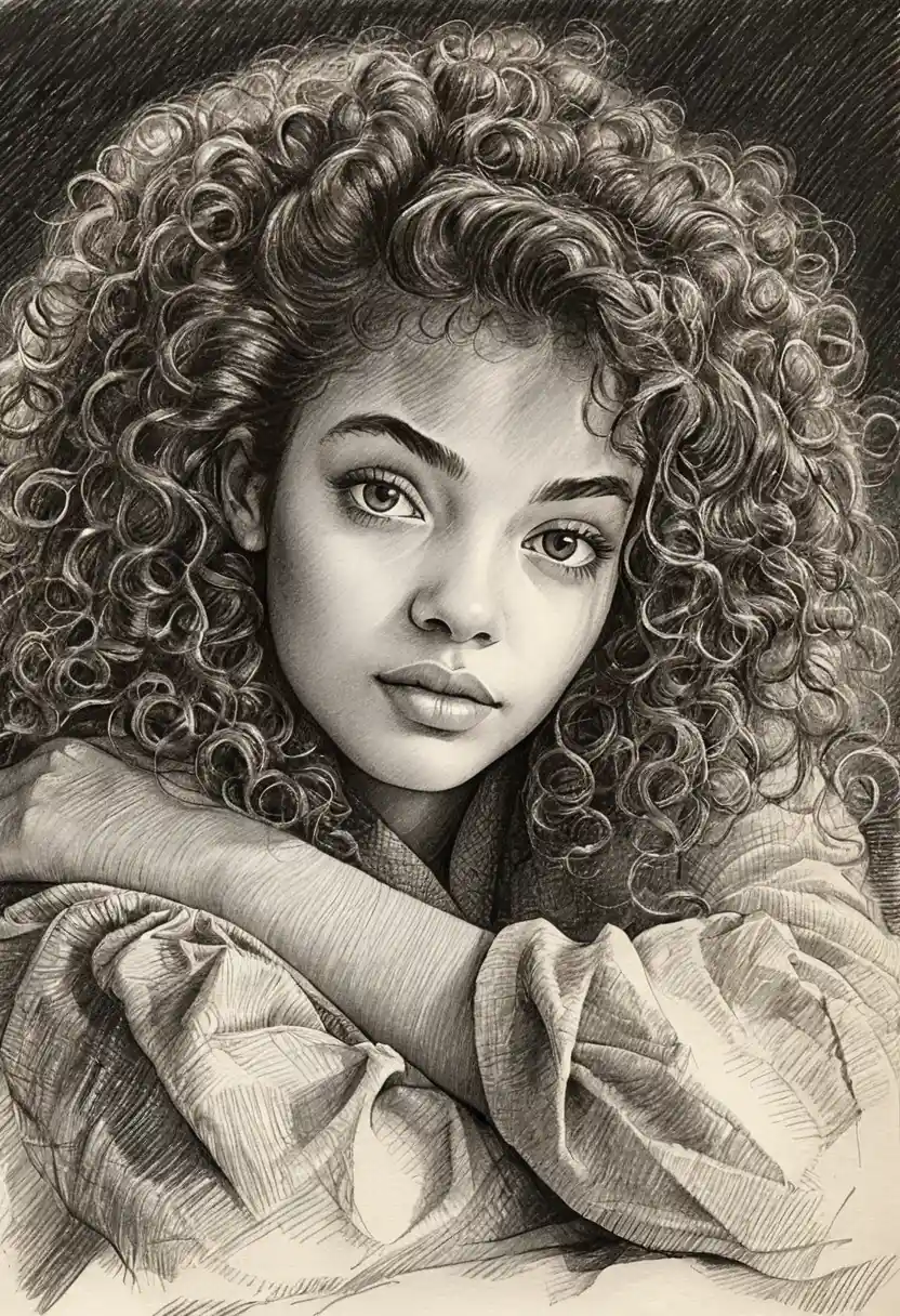 Charcoal portrait of a young woman resting on her arms