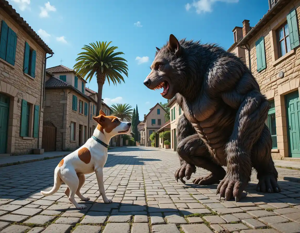 Small terrier confronting wild boar in sunny village square