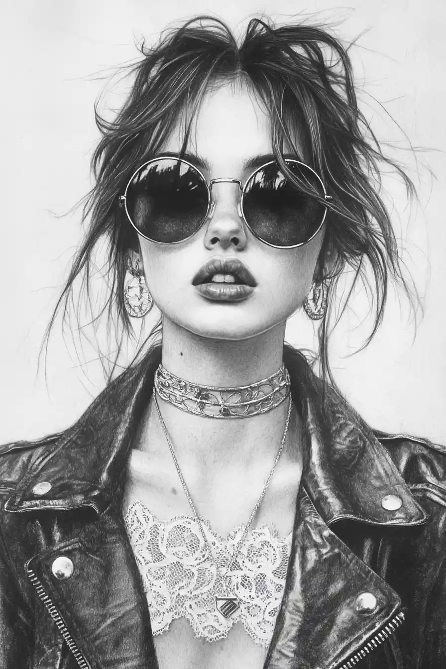 Pencil portrait of a young woman in round sunglasses