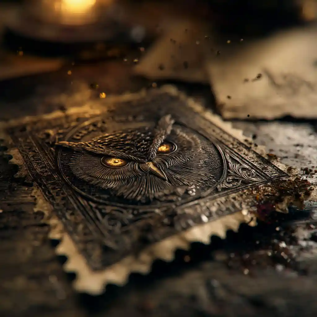Vintage owl postage stamp on dark wooden desk