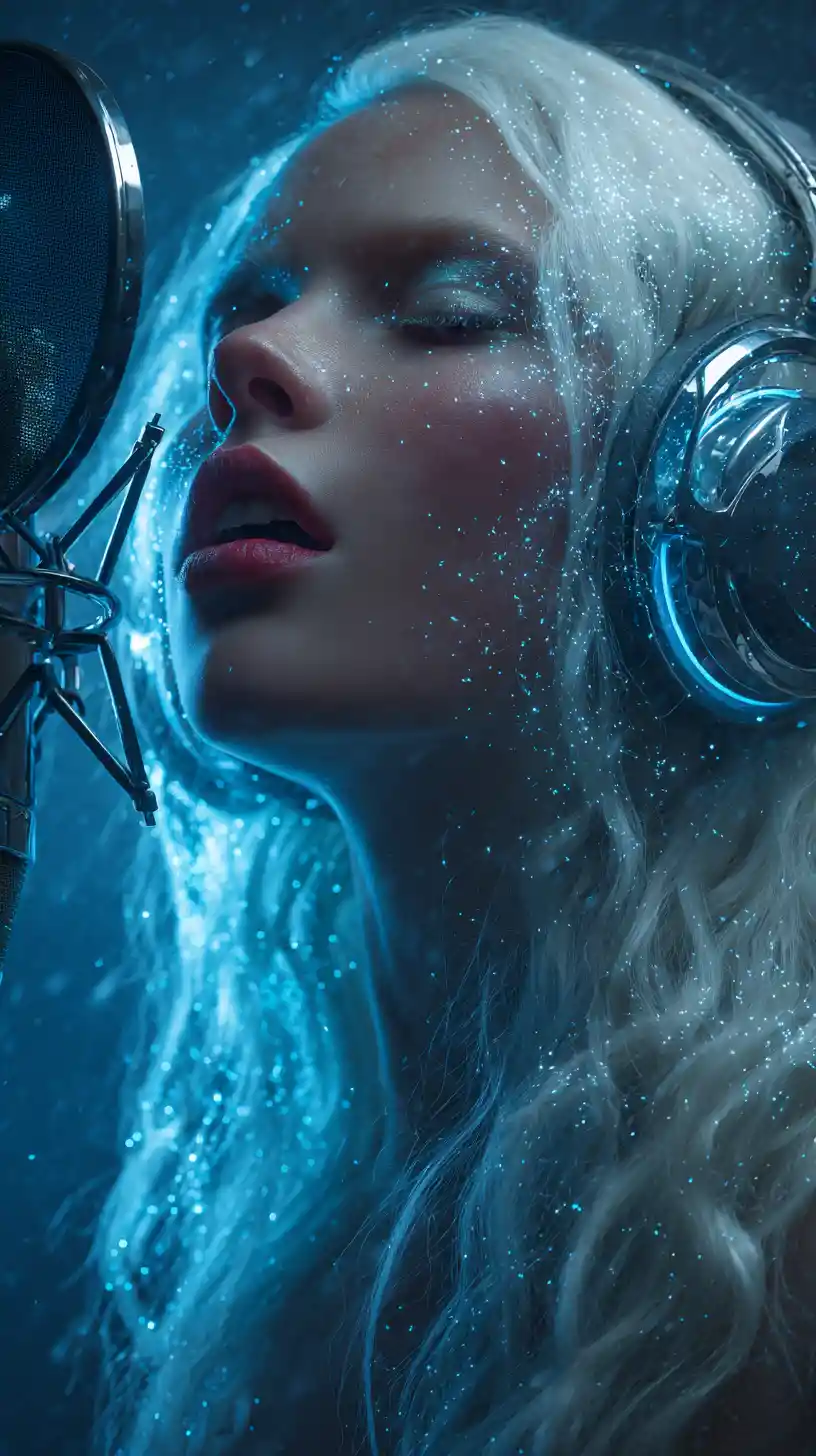 Cinematic portrait of a singer with platinum hair and headphones