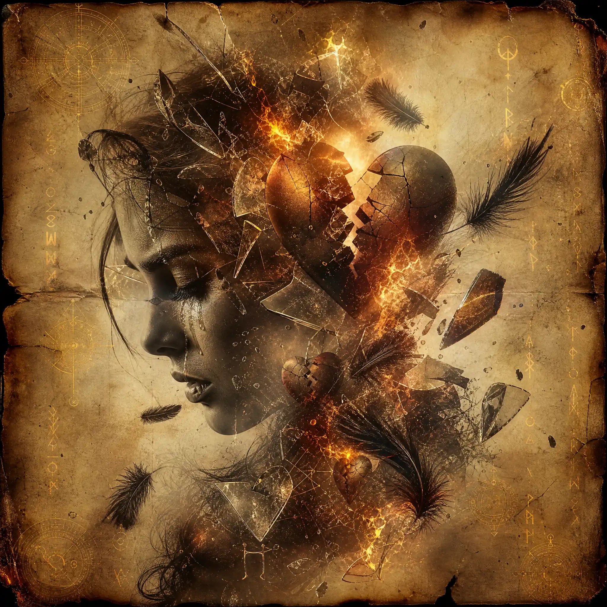 Mystic double exposure of broken hearts and glowing tears