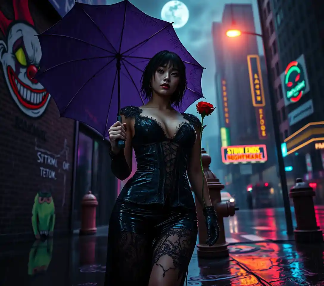Gothic woman in neon city rain with shattered umbrella