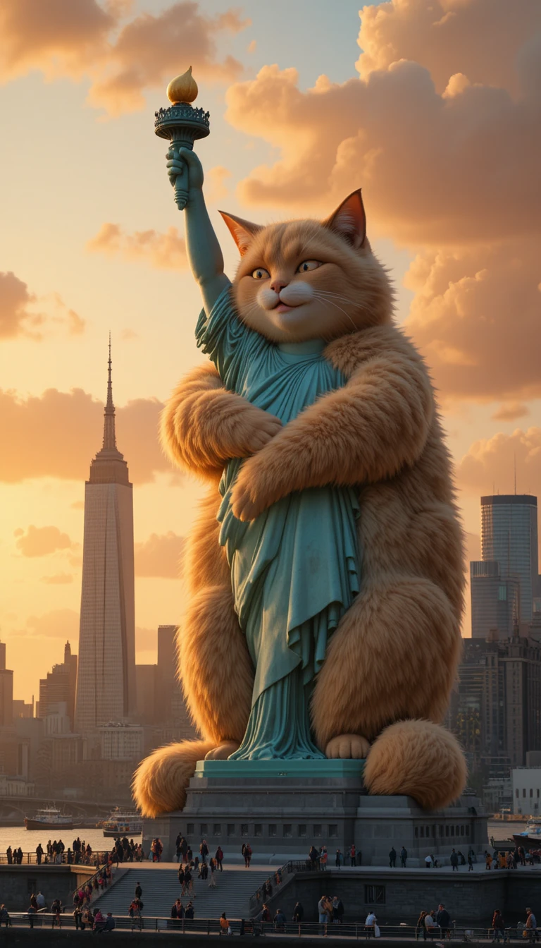 Giant Cat Hugging The Statue Of Liberty At Sunset