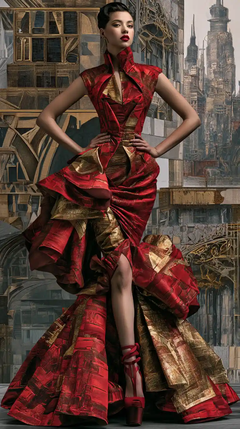 Avant garde red and gold gown in surreal cityscape