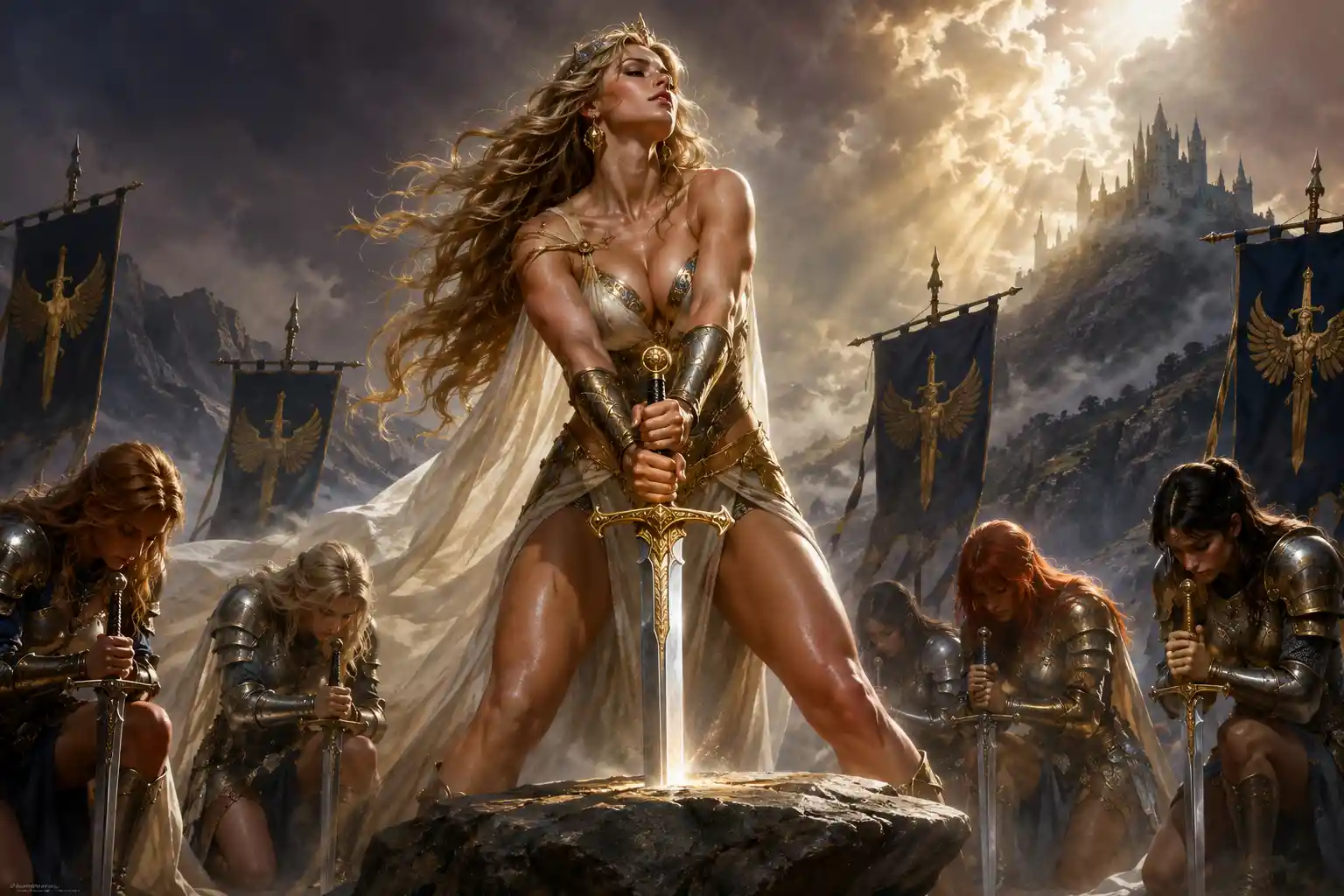 Warrior queen drawing Excalibur as knights kneel in tribute