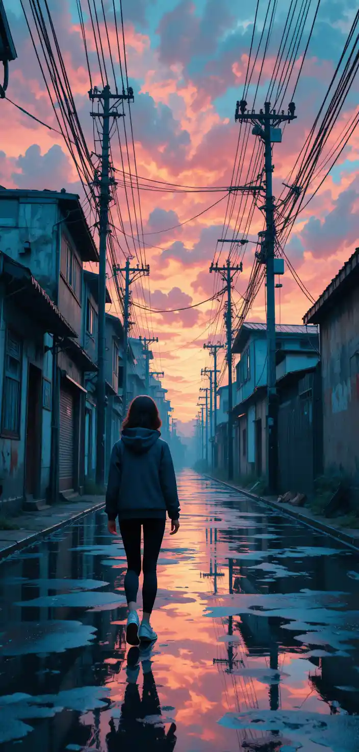 Anime girl walking through a rainy city alley at dusk