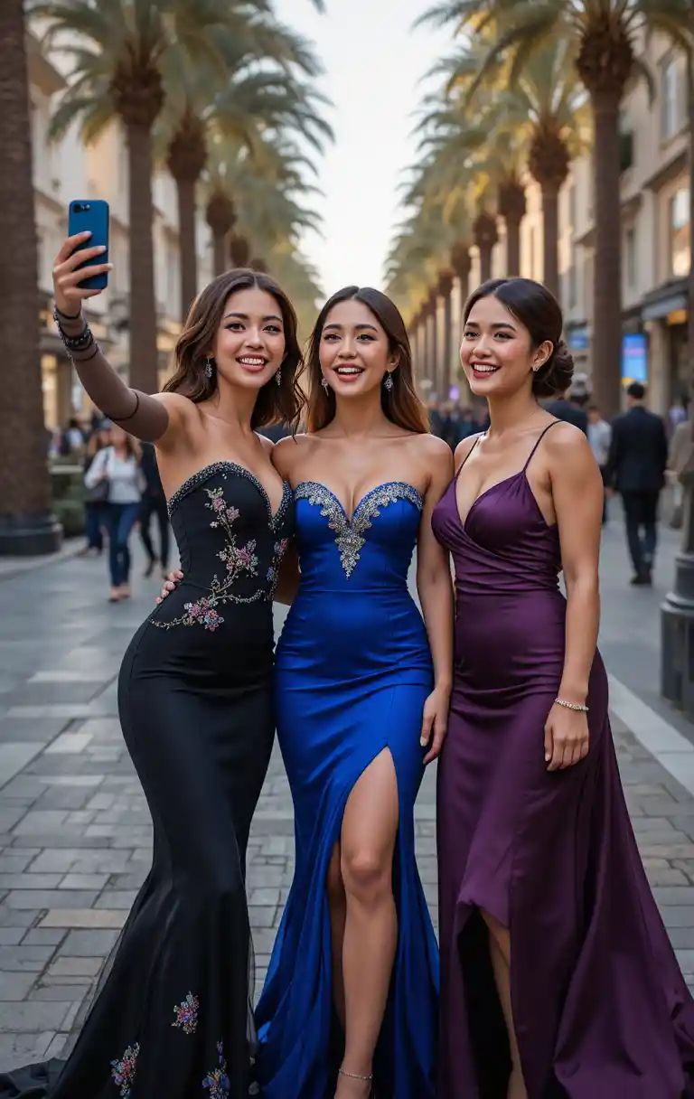 Three elegant women taking a selfie on a palm lined street