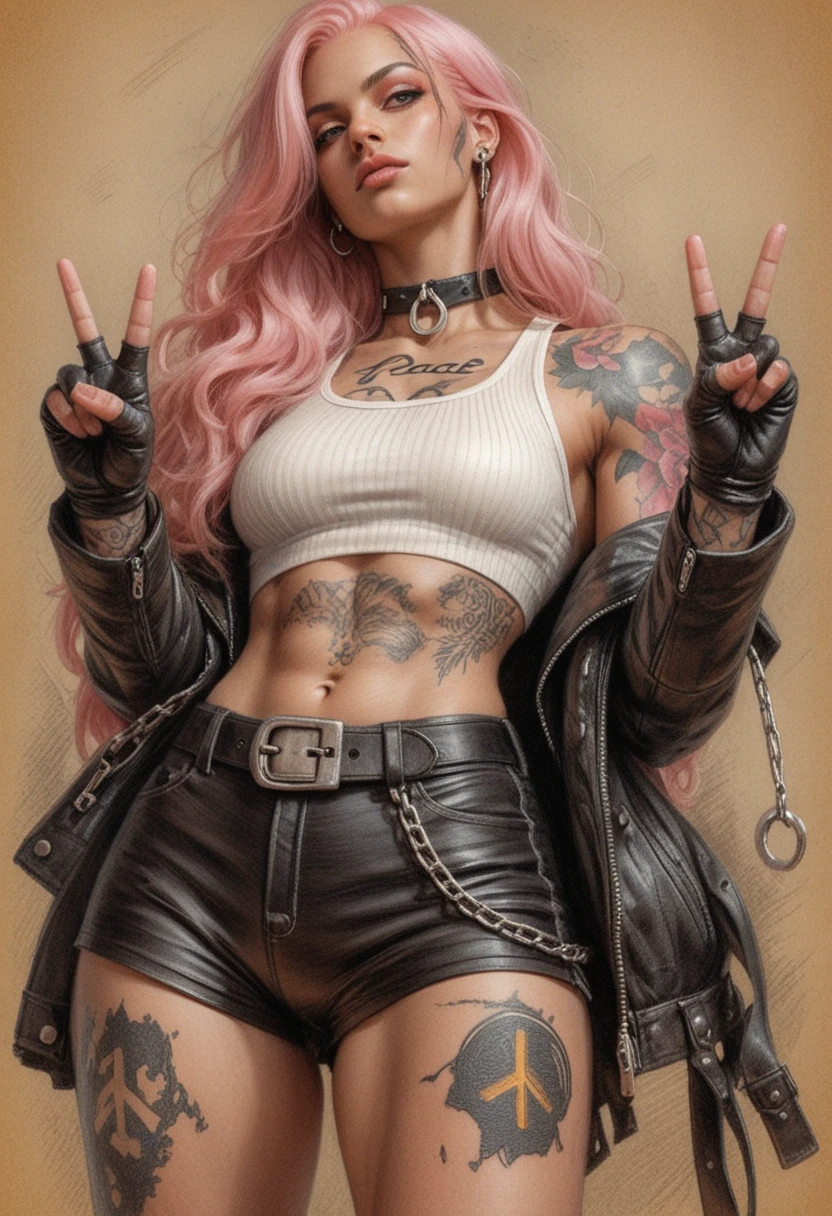 Athletic pink haired woman posing with double peace signs
