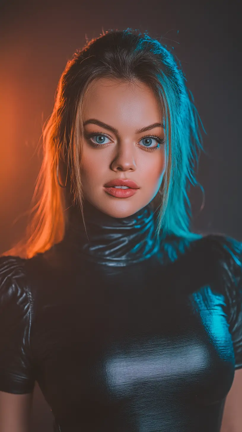 Cinematic portrait of a blonde woman in black turtleneck