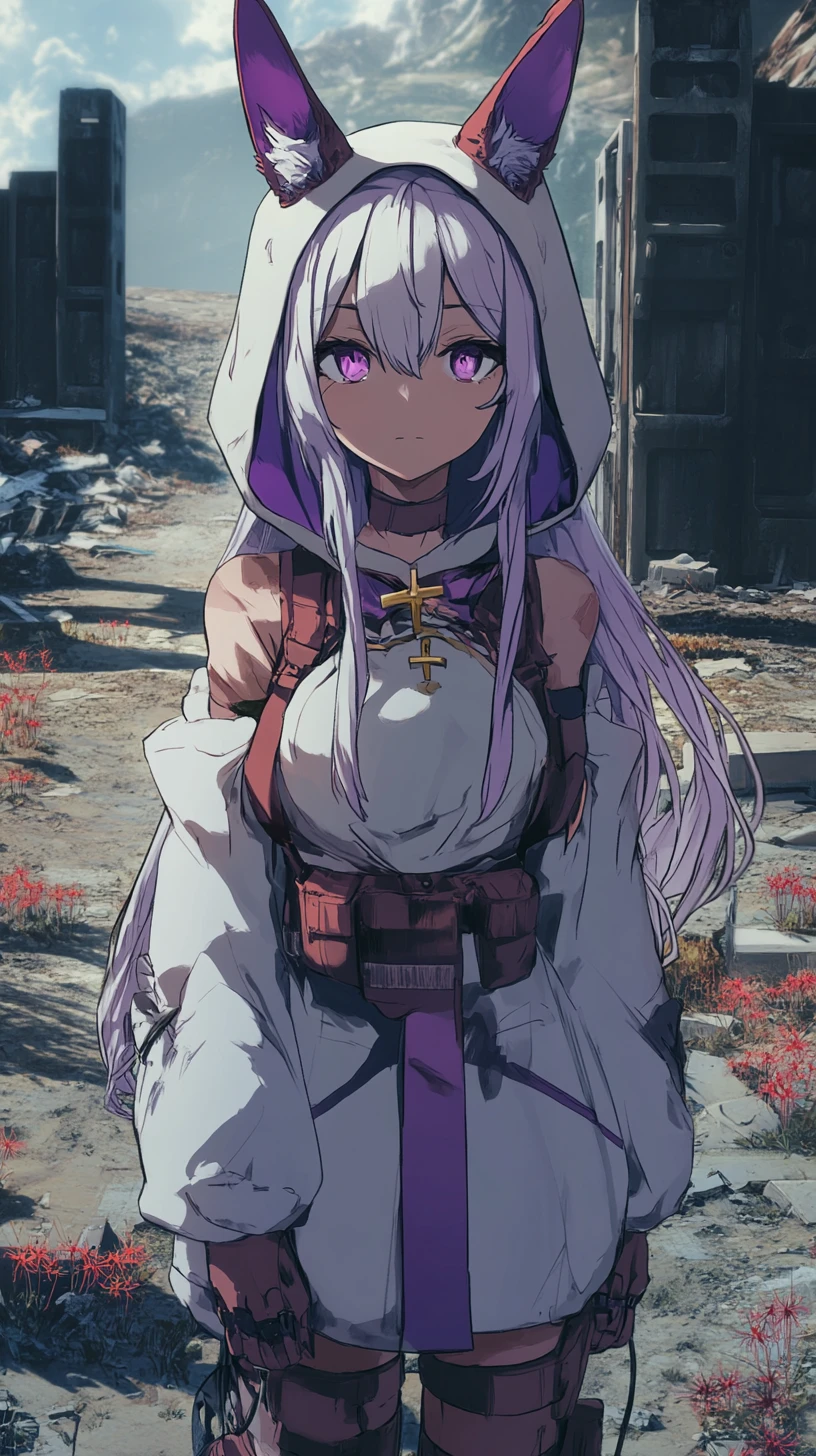 Anime girl at a steel hangar beside an old airfield